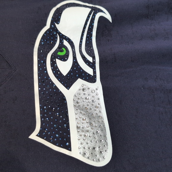 PINK Victoria's Secret x Seattle Seahawks Navy Blue Bejeweled Burnout Tee - Picture 4 of 6